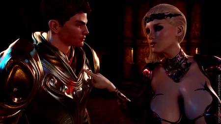 Рыцарь сношает огромным членом сексапильную вампиршу с внушительной грудью