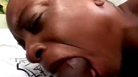 Негритянка усердно сосет большой черный хуй и ласкает его сиськами