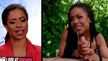 Чернокожая ведущая новостей ебется с мужиком в парке