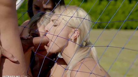 Паренек отодрал трех худышек на футбольном поле и мощно кончил им в рот