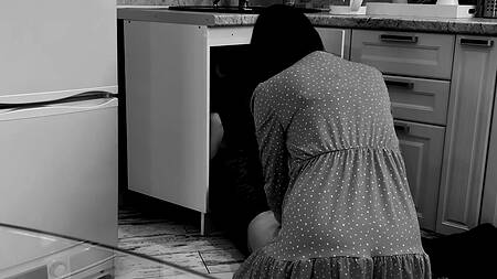 Возбужденной цыпочке пришлось вызвать сантехника и развести его на страстный секс