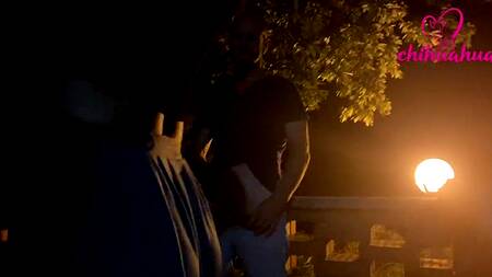 Развратная девка на улице ночью занимается сексом с двумя