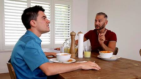 Мачеха ласкает пенис пасынка под столом и дает в анус