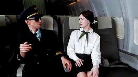 Милая стюардесса с белоснежной кожей отдается пилоту в самолете