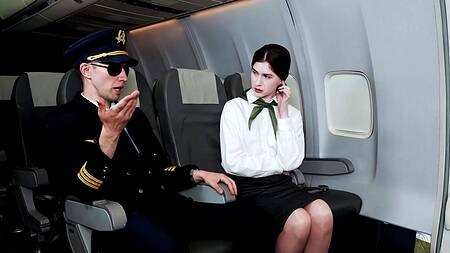Милая стюардесса с белоснежной кожей отдается пилоту в самолете