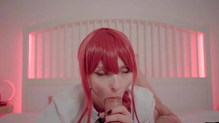 Рыженькая анимешница сладко сосет член и садится на лицо парня